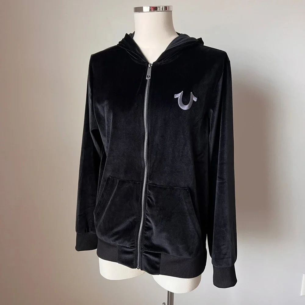True Religion Mens Black Velour Zip Up Hoodie Horseshoe Velvet Logo‎ Black NWOT